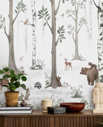 white, black, sage green with woodland animals wallpaper white, black, sage green with woodland animals wallpaper