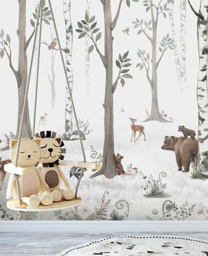 white, black, sage green with woodland animals wallpaper white, black, sage green with woodland animals wallpaper