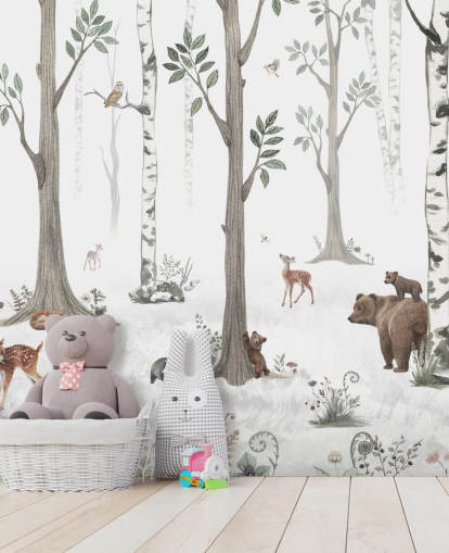 white, black, sage green with woodland animals wallpaper white, black, sage green with woodland animals wallpaper