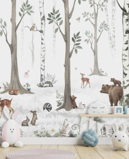 carta da parati bianca, nera, verde salvia con animali del bosco carta da parati bianca, nera, verde salvia con animali del bosco