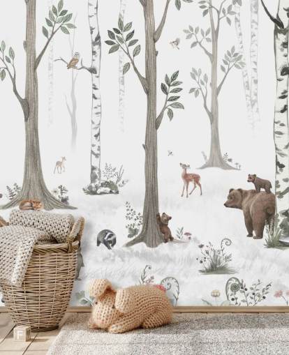 white, black, sage green with woodland animals wallpaper white, black, sage green with woodland animals wallpaper