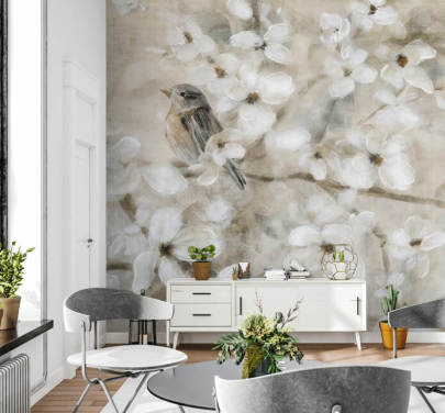 papel de parede de flor de pássaro bege