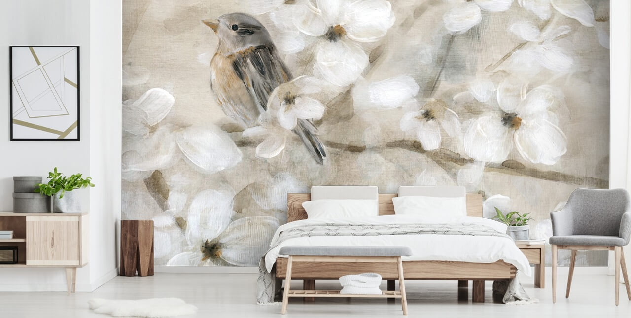 beige gekleurd vogelbloem behang