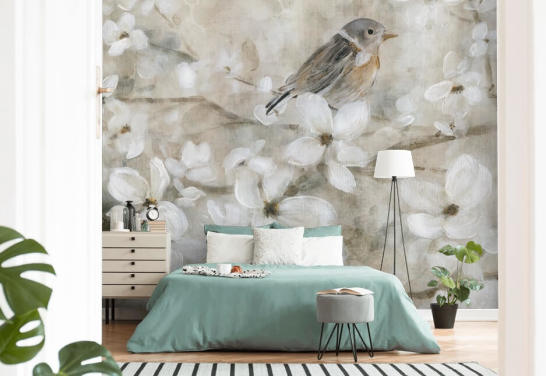 beige tonet blomst og fugl tapet