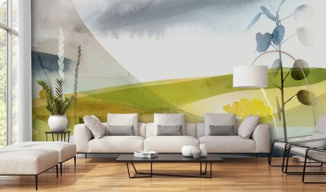 papier peint paysage aquarelle jaune et gris