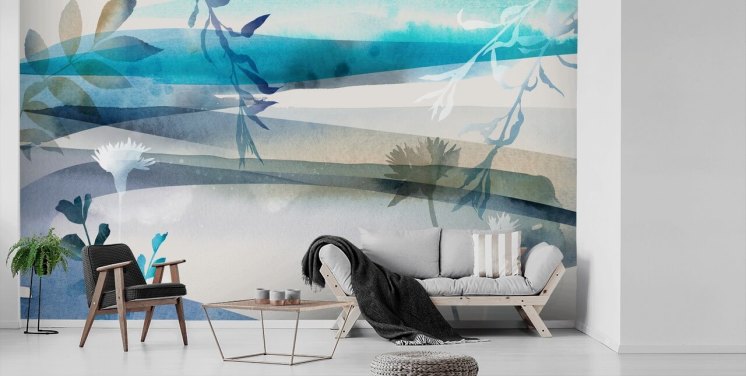 carta da parati paesaggio acquerello blu, bianco e grigio