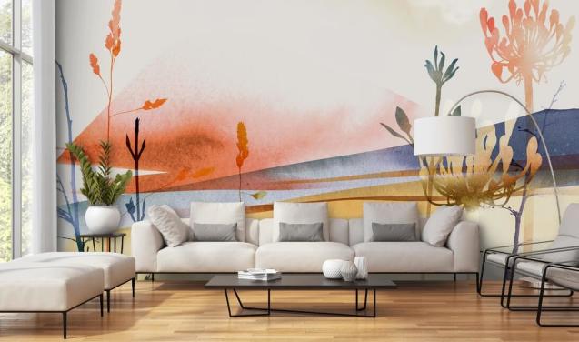papier peint de plage abstrait aux tons orange, jaune et bleu