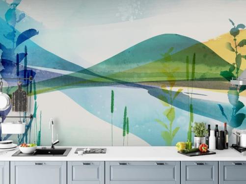 blauw, groen en geel abstract meerbehang