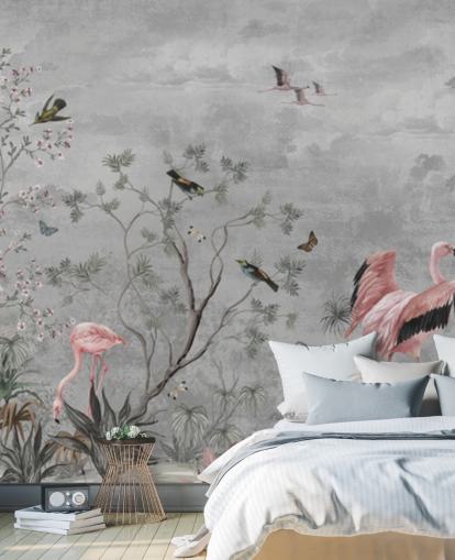 Grå molnig bakgrund med grenar och rosa blommor och flamingo fåglar Grå molnig bakgrund med grenar och rosa blommor och flamingo fåglar