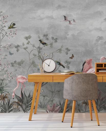 Fondo gris nublado con ramas y flores rosadas y pájaros flamencos Fondo gris nublado con ramas y flores rosadas y pájaros flamencos