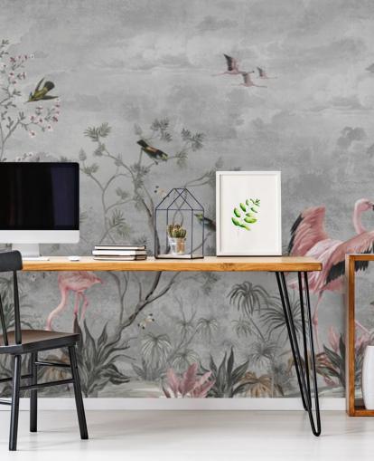 Fond gris nuageux avec branches et fleurs roses et oiseaux flamants Fond gris nuageux avec branches et fleurs roses et oiseaux flamants