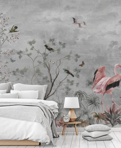 Fundo cinza nublado com galhos e flores cor de rosa e pássaros flamingos Fundo cinza nublado com galhos e flores cor de rosa e pássaros flamingos