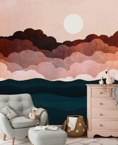 Pink and maroon clouds in a pink sky with a dark blue sea wall mural Pink and maroon clouds in a pink sky with a dark blue sea wall mural