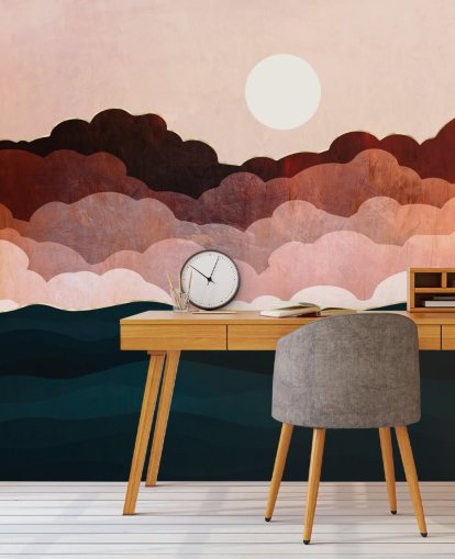 Rosafarbene und kastanienbraune Wolken an einem rosafarbenen Himmel mit einem dunkelblauen Meereswandbild Rosafarbene und kastanienbraune Wolken an einem rosafarbenen Himmel mit einem dunkelblauen Meereswandbild