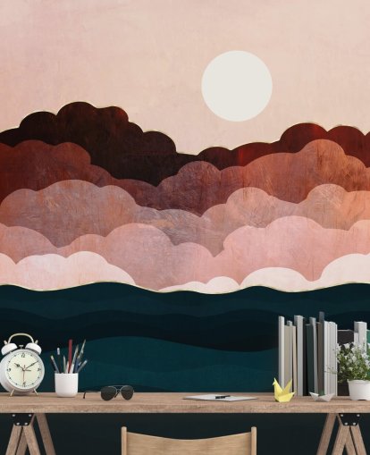 Pink and maroon clouds in a pink sky with a dark blue sea wall mural Pink and maroon clouds in a pink sky with a dark blue sea wall mural