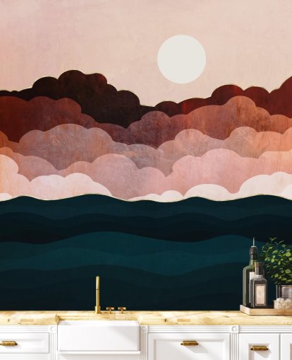 Nubi rosa e marrone rossiccio in un cielo rosa con un murale marino blu scuro Nubi rosa e marrone rossiccio in un cielo rosa con un murale marino blu scuro