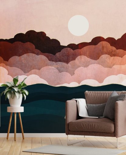 Pink and maroon clouds in a pink sky with a dark blue sea wall mural Pink and maroon clouds in a pink sky with a dark blue sea wall mural