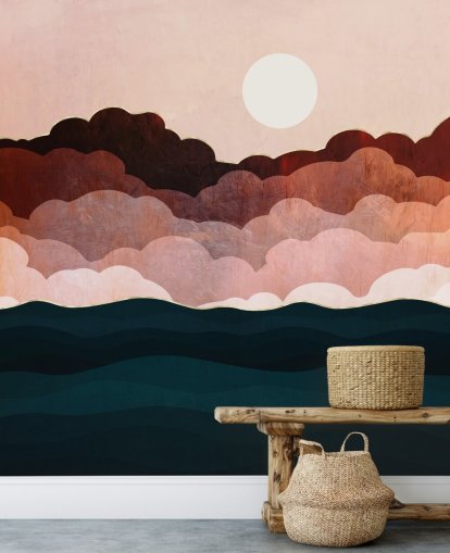 Vaaleanpunaiset ja kastanjanruskeat pilvet vaaleanpunaisella taivaalla tummansinisellä meriseinämaalauksella Vaaleanpunaiset ja kastanjanruskeat pilvet vaaleanpunaisella taivaalla tummansinisellä meriseinämaalauksella