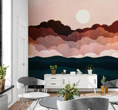 Rosa och rödbruna moln i en rosa himmel med en mörkblå havsväggmålning