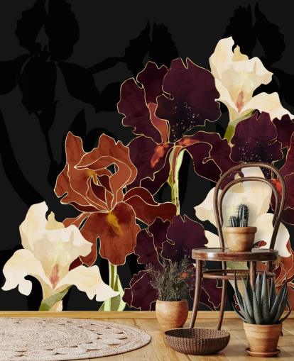 Fondo negro con una mezcla de flores de iris moradas, marrones y blancas Fondo negro con una mezcla de flores de iris moradas, marrones y blancas