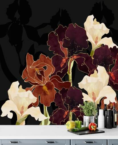 Black background with a mixture of purple, brown and white iris flowers Black background with a mixture of purple, brown and white iris flowers