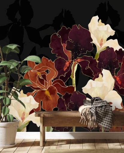 Fondo negro con una mezcla de flores de iris moradas, marrones y blancas Fondo negro con una mezcla de flores de iris moradas, marrones y blancas