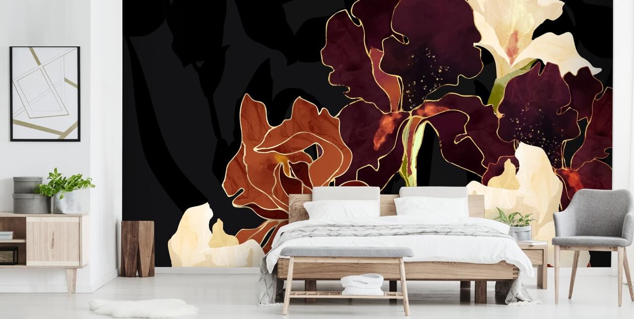 Fundo preto com uma mistura de flores de íris roxas, marrons e brancas