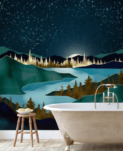 Navy himmel over grønne fjell med en lys blå elv Navy himmel over grønne fjell med en lys blå elv