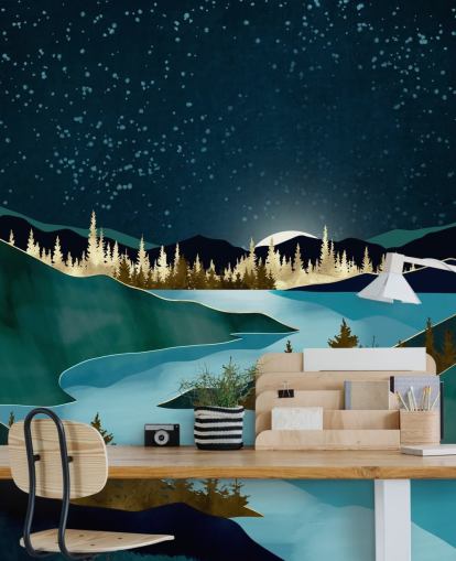 Ciel bleu marine au-dessus de montagnes verdoyantes avec une rivière bleu clair Ciel bleu marine au-dessus de montagnes verdoyantes avec une rivière bleu clair