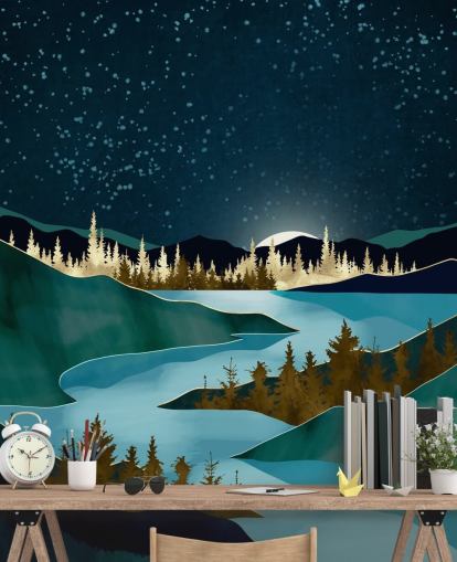 Navy sky over green mountains with a light blue river Navy sky over green mountains with a light blue river