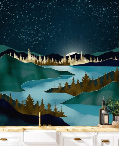 Navy sky over green mountains with a light blue river Navy sky over green mountains with a light blue river