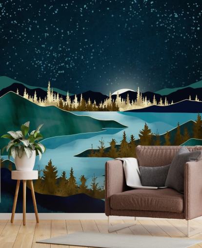 Marinblå himmel över gröna berg med en ljusblå flod Marinblå himmel över gröna berg med en ljusblå flod