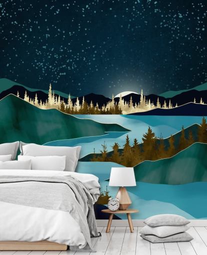 Navy sky over green mountains with a light blue river Navy sky over green mountains with a light blue river