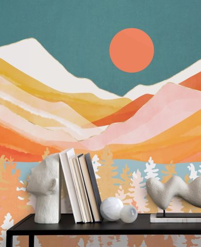 Orange and yellow mountains and forest with a teal sky and orange sun Orange and yellow mountains and forest with a teal sky and orange sun