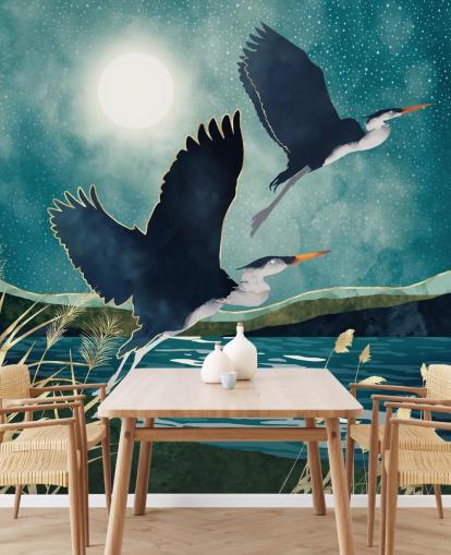 Navy herons flying over a blue river with a turquiose sky Navy herons flying over a blue river with a turquiose sky