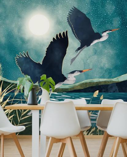 Navy herons flying over a blue river with a turquiose sky Navy herons flying over a blue river with a turquiose sky