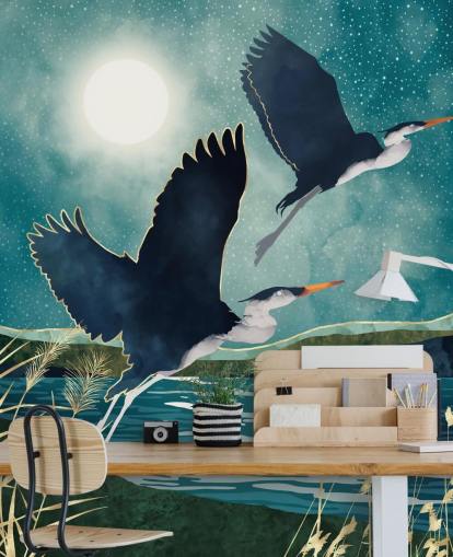 Navy herons flying over a blue river with a turquiose sky Navy herons flying over a blue river with a turquiose sky