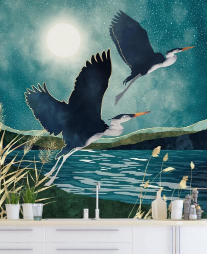 Navy herons flying over a blue river with a turquiose sky Navy herons flying over a blue river with a turquiose sky