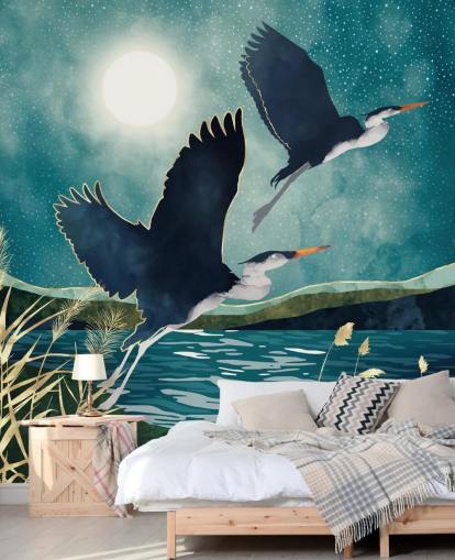 Navy herons flying over a blue river with a turquiose sky Navy herons flying over a blue river with a turquiose sky