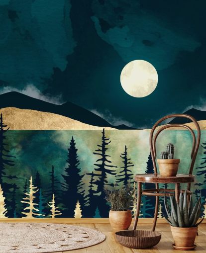 Dark blue sky with a white moon over a dark forest and mountains Dark blue sky with a white moon over a dark forest and mountains