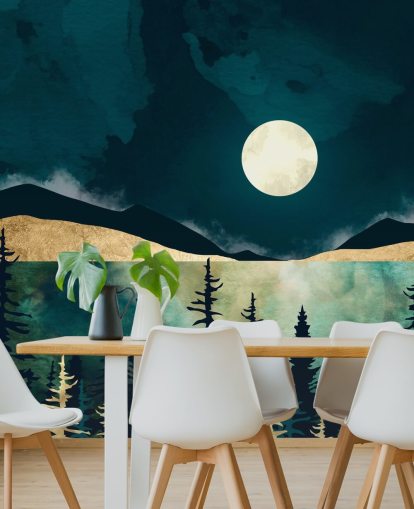 Dark blue sky with a white moon over a dark forest and mountains Dark blue sky with a white moon over a dark forest and mountains