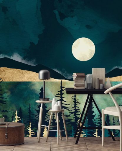 Dark blue sky with a white moon over a dark forest and mountains Dark blue sky with a white moon over a dark forest and mountains