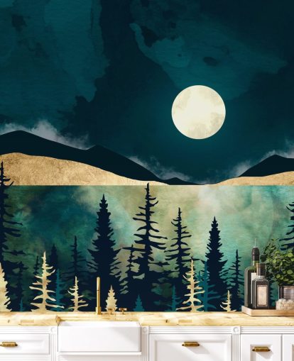 Dark blue sky with a white moon over a dark forest and mountains Dark blue sky with a white moon over a dark forest and mountains