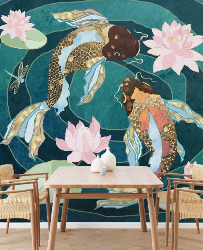 Gold and brown fish swinning in a blue pond with pink flowers Gold and brown fish swinning in a blue pond with pink flowers