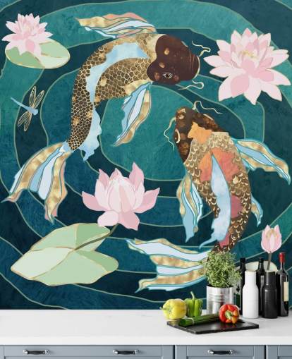 Gold and brown fish swinning in a blue pond with pink flowers Gold and brown fish swinning in a blue pond with pink flowers