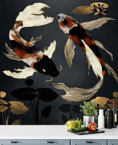 zwart koibehang op maat genaamd Metallic Koi IV van SpaceFrog Designs voor badkamers zwart koibehang op maat genaamd Metallic Koi IV van SpaceFrog Designs voor badkamers