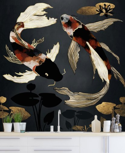 black custom koi wallpaper called Metallic Koi IV by SpaceFrog Designs for bathrooms black custom koi wallpaper called Metallic Koi IV by SpaceFrog Designs for bathrooms