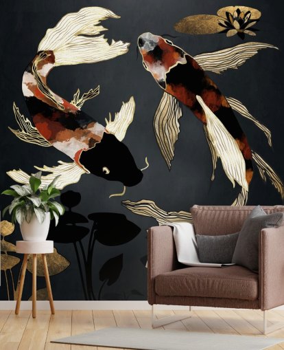 schwarze maßgeschneiderte Koi-Tapete namens Metallic Koi IV von SpaceFrog Designs für Badezimmer schwarze maßgeschneiderte Koi-Tapete namens Metallic Koi IV von SpaceFrog Designs für Badezimmer