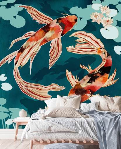 Oranje koi zwemmen in een blauwe vijver met turquoise waterlelies Oranje koi zwemmen in een blauwe vijver met turquoise waterlelies