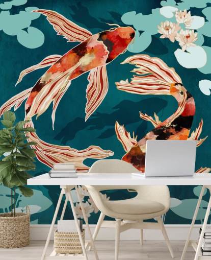 Koi orange nageant dans un étang bleu avec des nénuphars turquoises Koi orange nageant dans un étang bleu avec des nénuphars turquoises